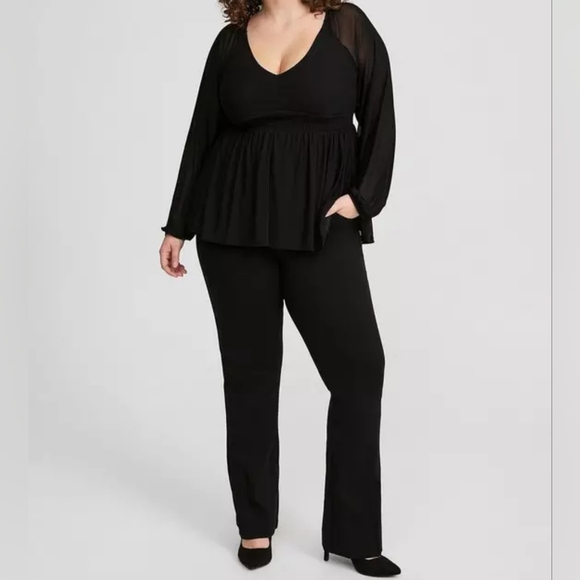 Torrid Deep Black Stretch Mesh V-Neck Smocked Waist Babydoll Top Size 1X - Picture 2 of 15